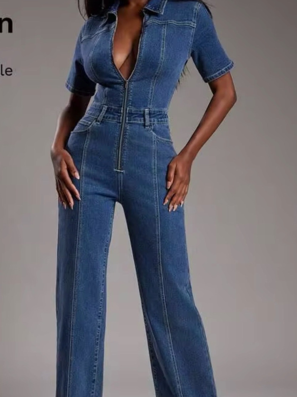 Denim Zip-Front Jumpsuit in Medium Blue